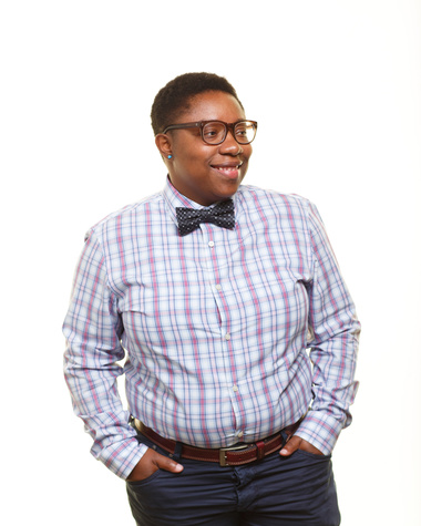 Bethany Minor in plaid shirt and bow tie